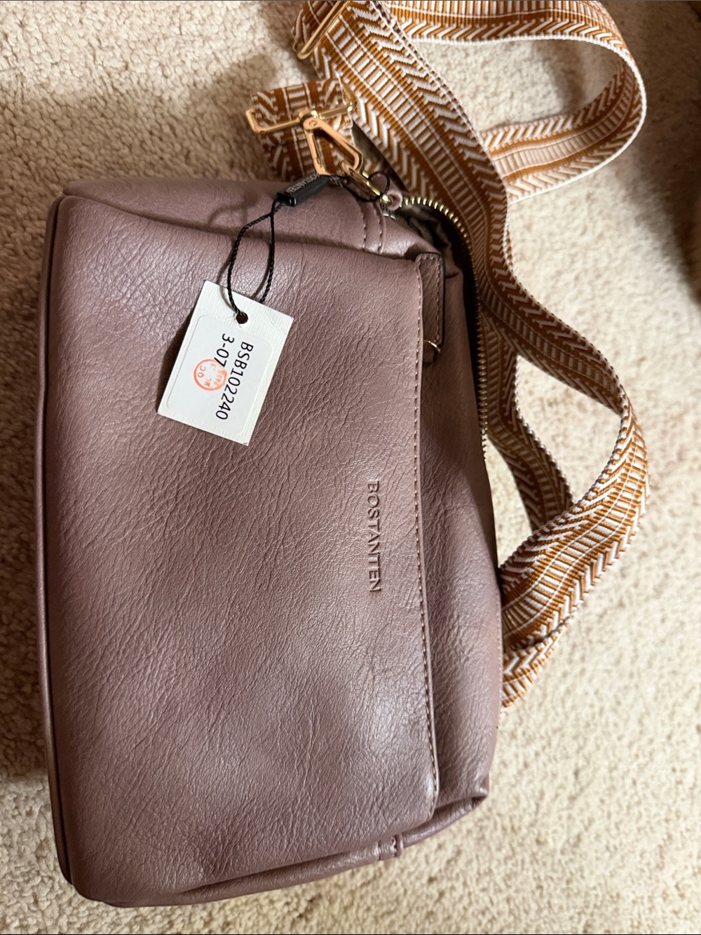 Bostonian Mauve Crossbody Bag with Patterned Tan Strap